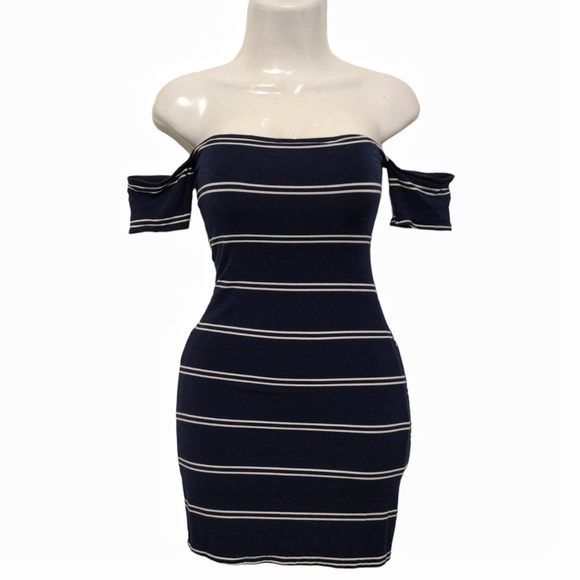 Olivaceous - Striped Off Shoulder Mini Dress - Picture 1 of 14